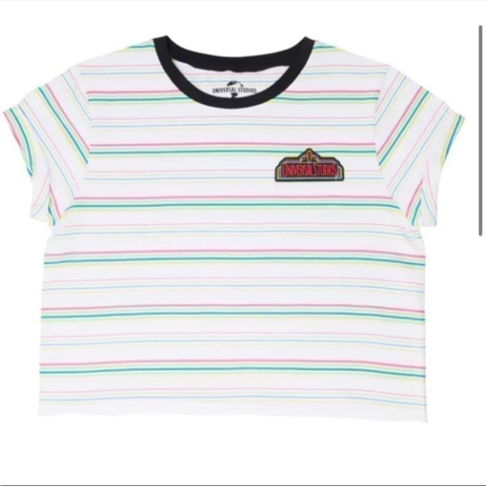 NWOT Universal Studios Retro White & Pastel Striped Shirt Crop Top Women’s M